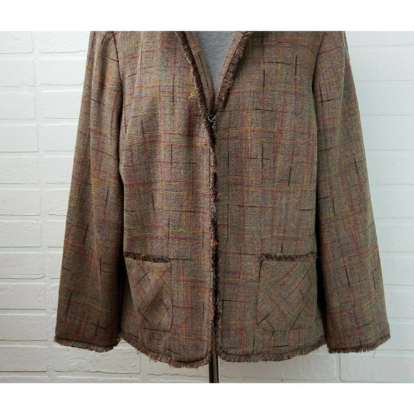 Sag Harbor Woman Tweed Blazer Women's Size 18W Brown Plaid Fringe Detailing - Picture 2 of 10